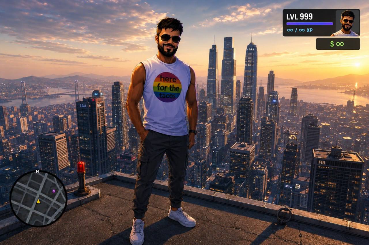 Dylan on a rooftop with a GTA game HUD overlay, level 999